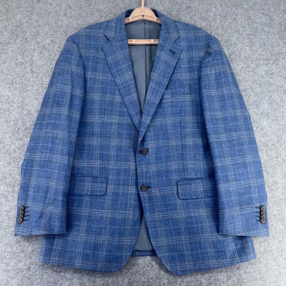 Joseph Abboud Mens Blue Plaid Wool Silk Linen Blazer Sport Coat 42R 42 Regular